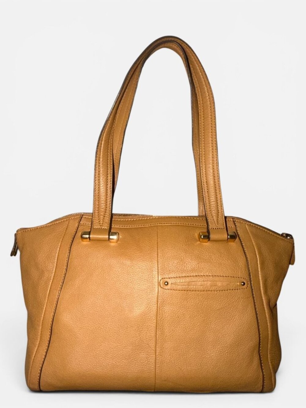 B Makowsky Shoulder Satchel Tan Pebbled Leather Brass Whipstitch Front Zip Bag - Picture 4 of 9